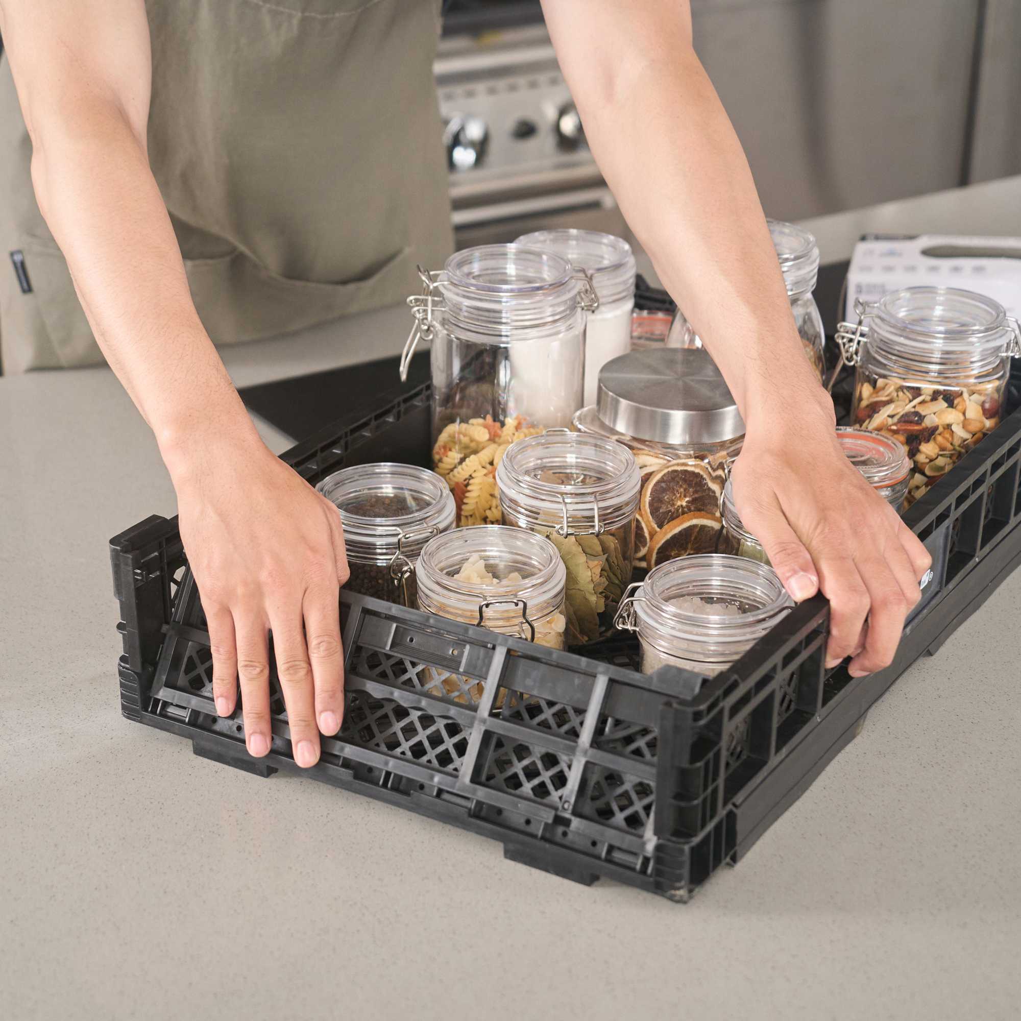 Cater Tek Rectangle Black Plastic Collapsible Crate - Vented, Stackable - 23 3/4" x 15 3/4" x 4 3/4" - 1 count box