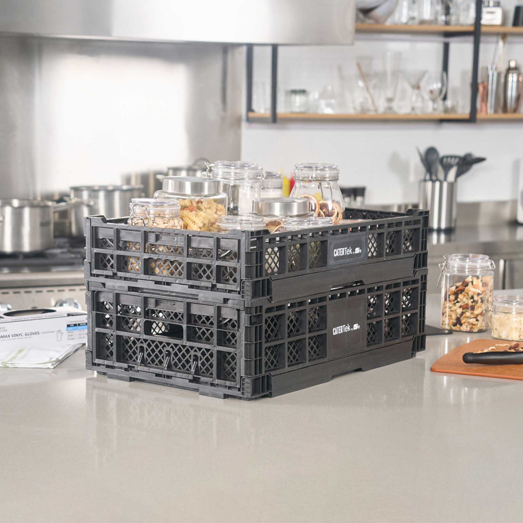 Cater Tek Rectangle Black Plastic Collapsible Crate - Vented, Stackable - 23 3/4" x 15 3/4" x 4 3/4" - 1 count box