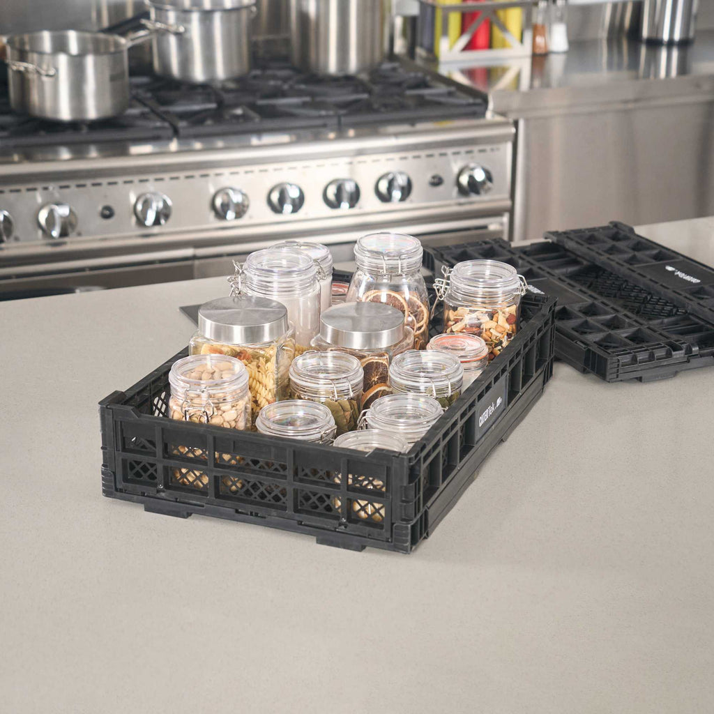 Cater Tek Rectangle Black Plastic Collapsible Crate - Vented, Stackable - 23 3/4" x 15 3/4" x 4 3/4" - 1 count box