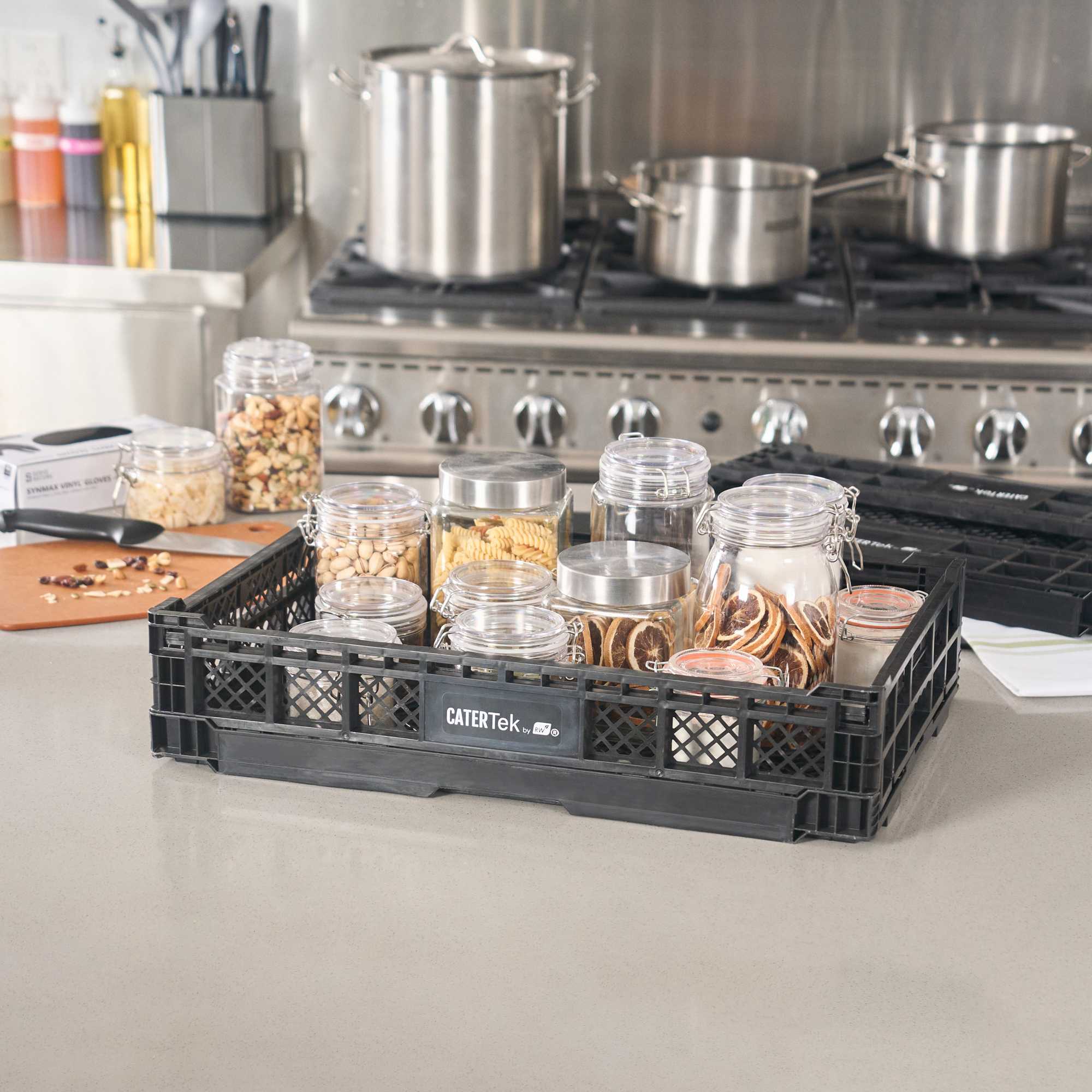 Cater Tek Rectangle Black Plastic Collapsible Crate - Vented, Stackable - 23 3/4" x 15 3/4" x 4 3/4" - 10 count box