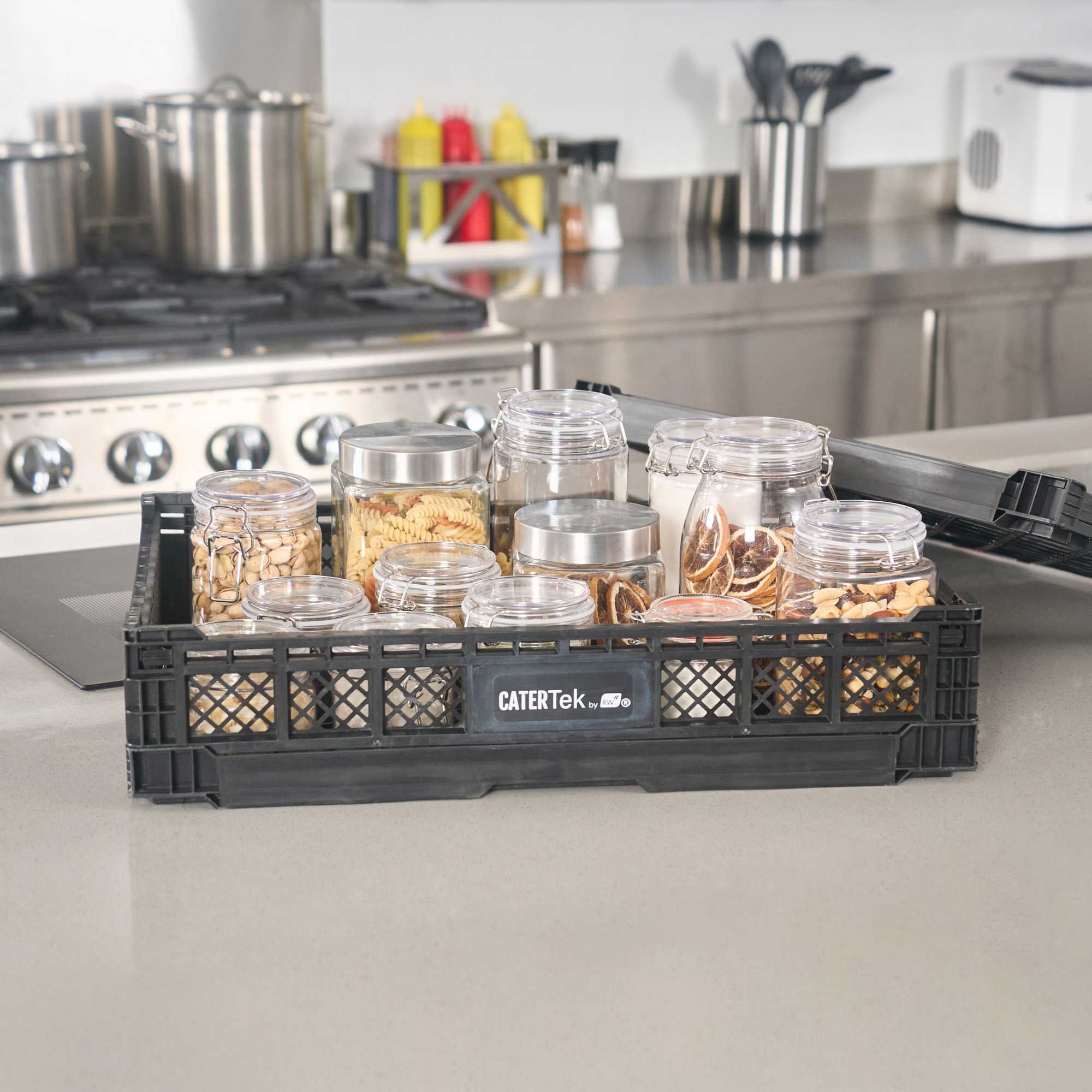 Cater Tek Rectangle Black Plastic Collapsible Crate - Vented, Stackable - 23 3/4" x 15 3/4" x 4 3/4" - 10 count box