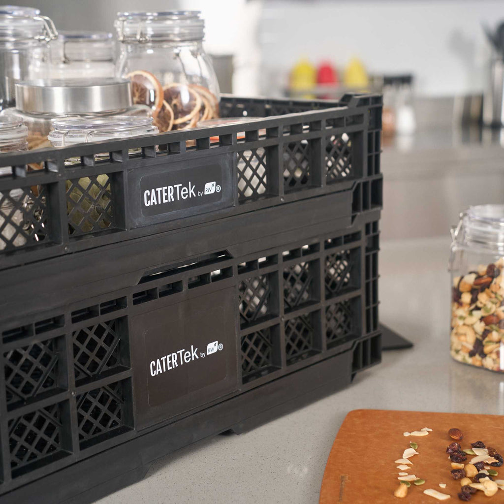 Cater Tek Rectangle Black Plastic Collapsible Crate - Vented, Stackable - 23 3/4" x 15 3/4" x 4 3/4" - 10 count box