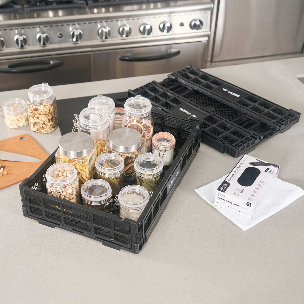 Cater Tek Rectangle Black Plastic Collapsible Crate - Vented, Stackable - 23 3/4" x 15 3/4" x 4 3/4" - 10 count box