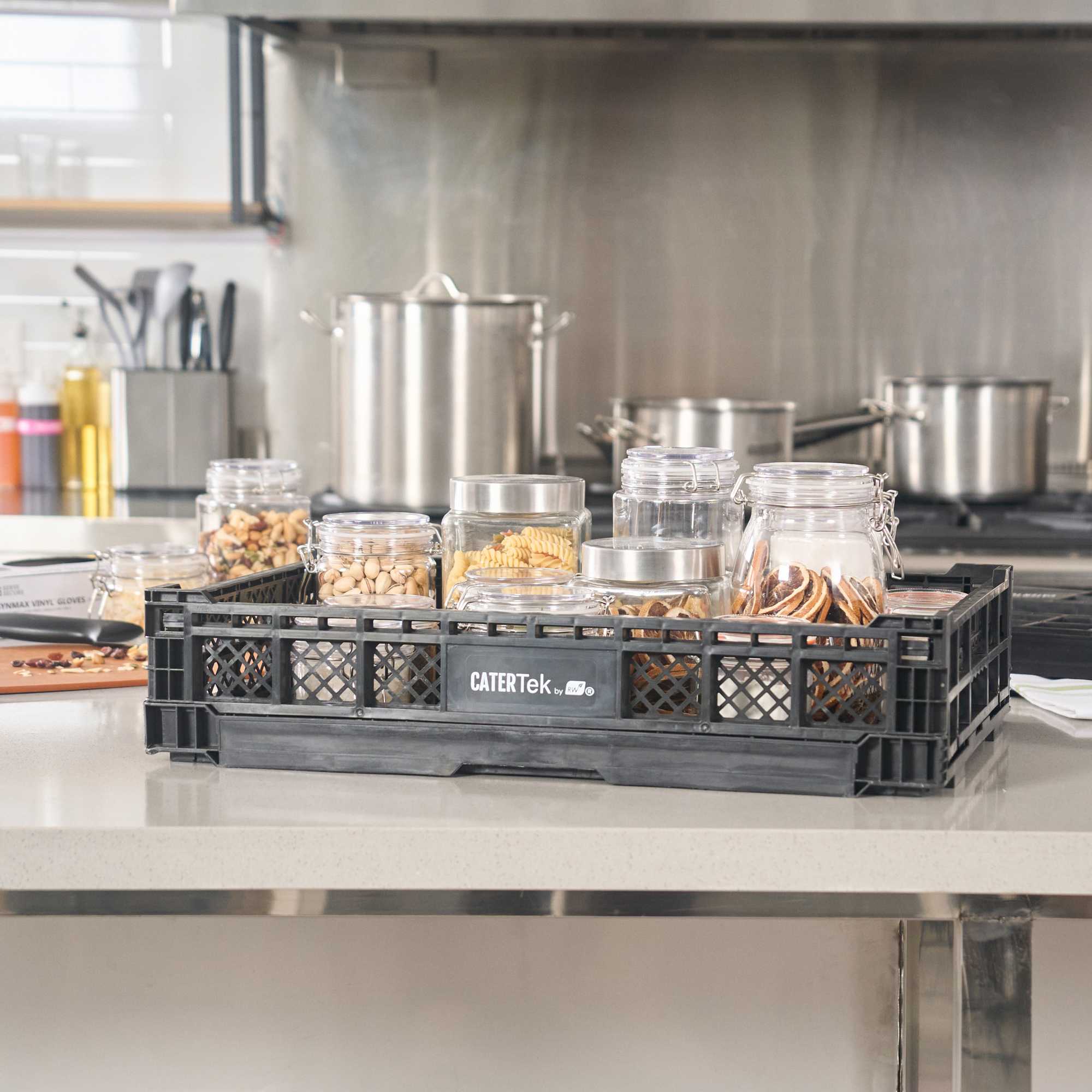 Cater Tek Rectangle Black Plastic Collapsible Crate - Vented, Stackable - 23 3/4" x 15 3/4" x 4 3/4" - 10 count box