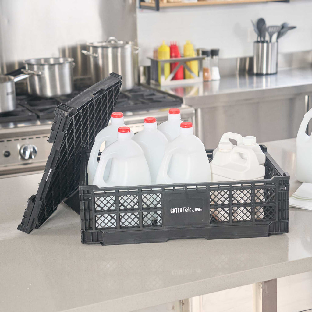Cater Tek Rectangle Black Plastic Collapsible Crate - Vented, Stackable - 23 3/4" x 15 3/4" x 6 3/4" - 10 count box
