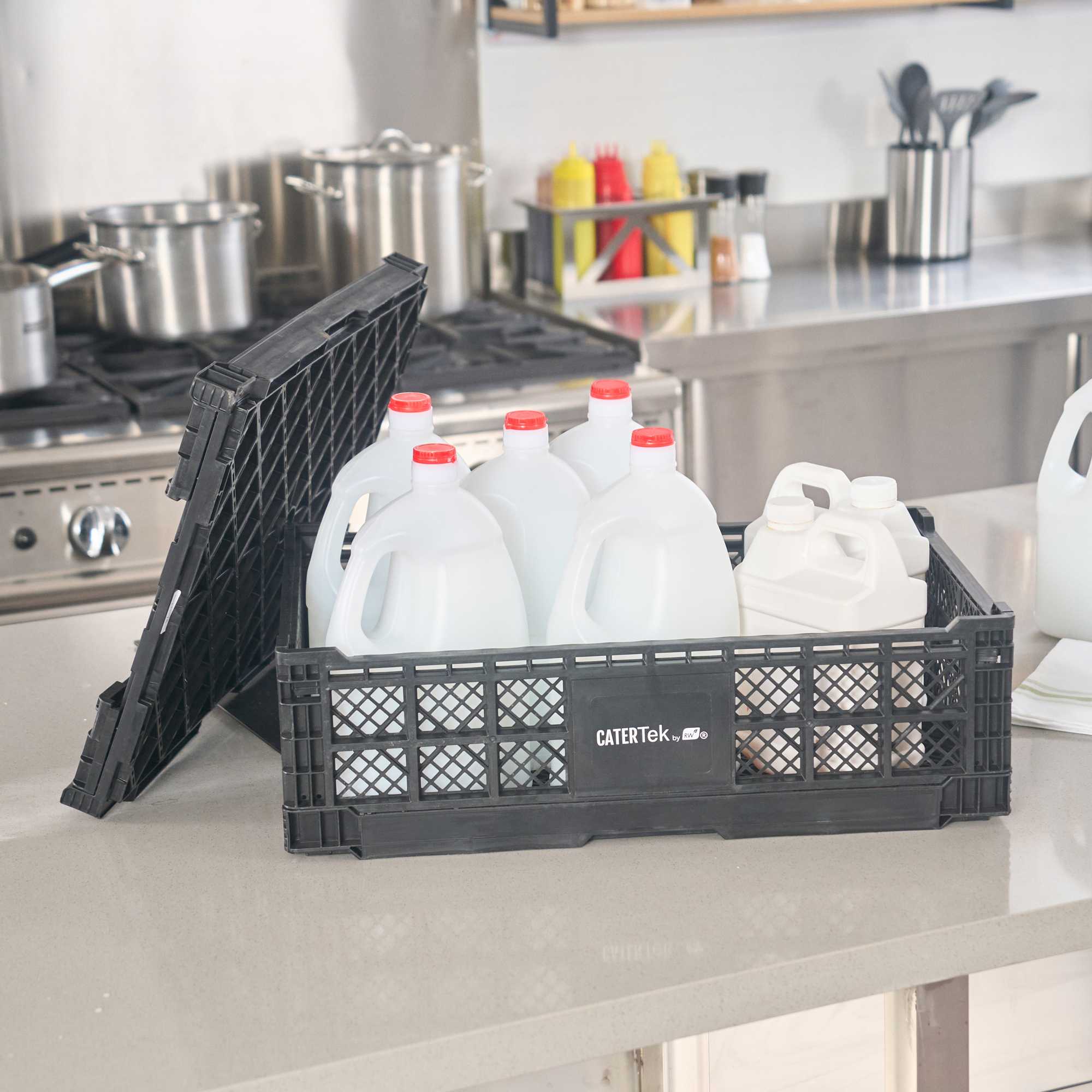 Cater Tek Rectangle Black Plastic Collapsible Crate - Vented, Stackable - 23 3/4" x 15 3/4" x 6 3/4" - 10 count box