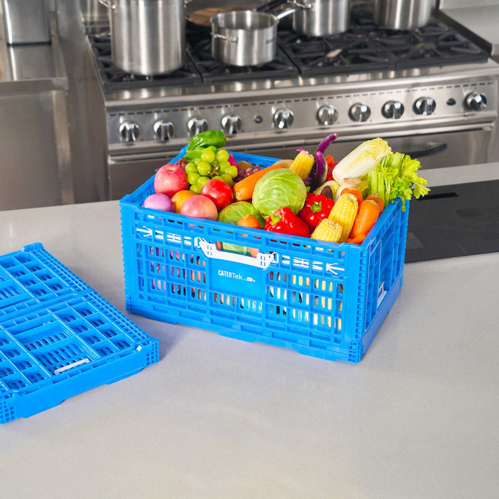 Cater Tek Rectangle Blue Plastic Collapsible Crate - Vented, Stackable - 23 3/4" x 15 3/4" x 11 3/4" - 1 count box