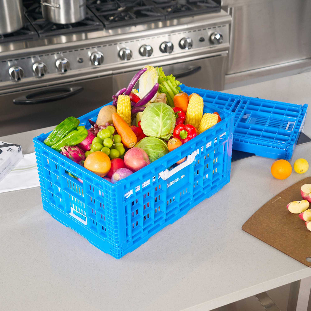 Cater Tek Rectangle Blue Plastic Collapsible Crate - Vented, Stackable - 23 3/4" x 15 3/4" x 11 3/4" - 1 count box