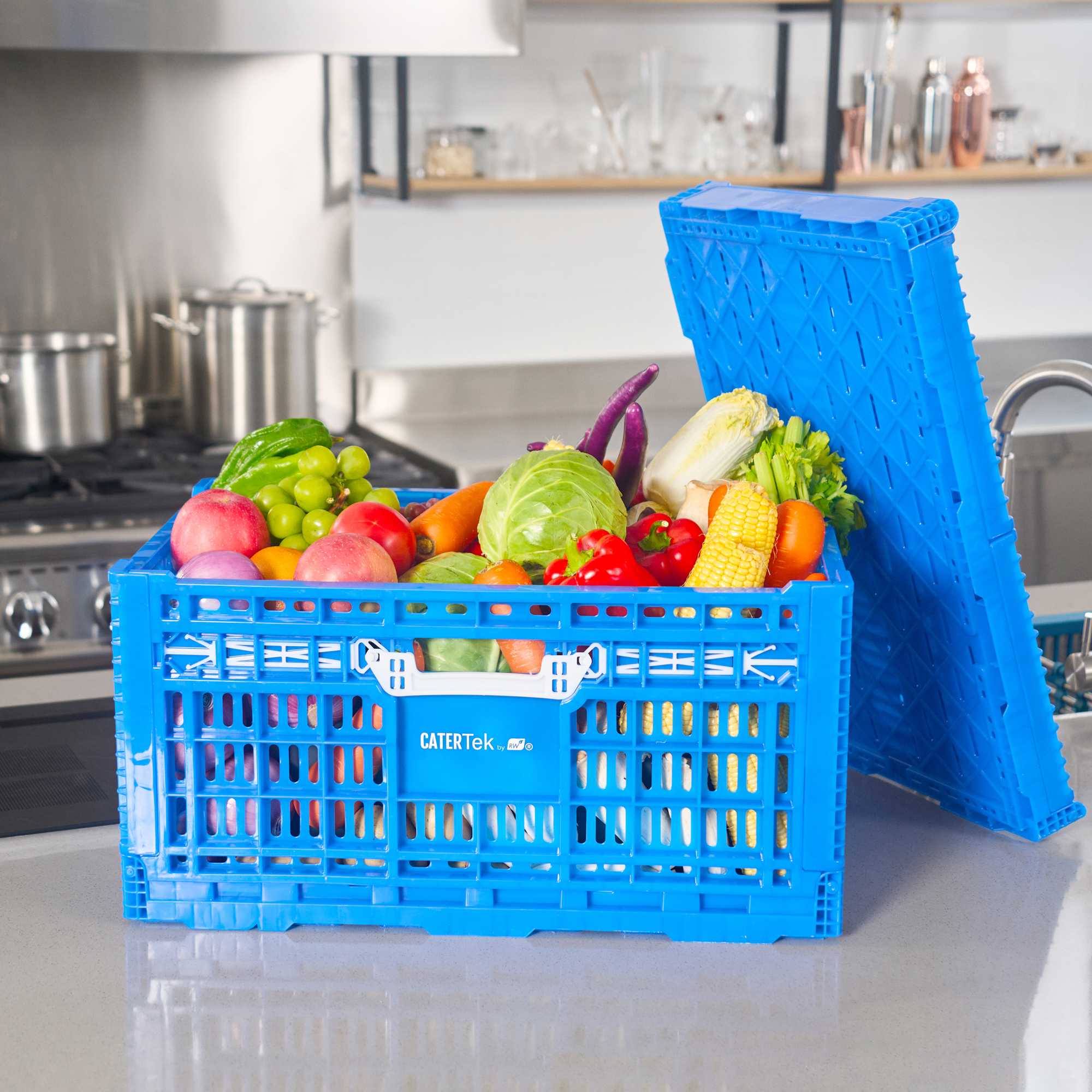 Cater Tek Rectangle Blue Plastic Collapsible Crate - Vented, Stackable - 23 3/4" x 15 3/4" x 11 3/4" - 1 count box