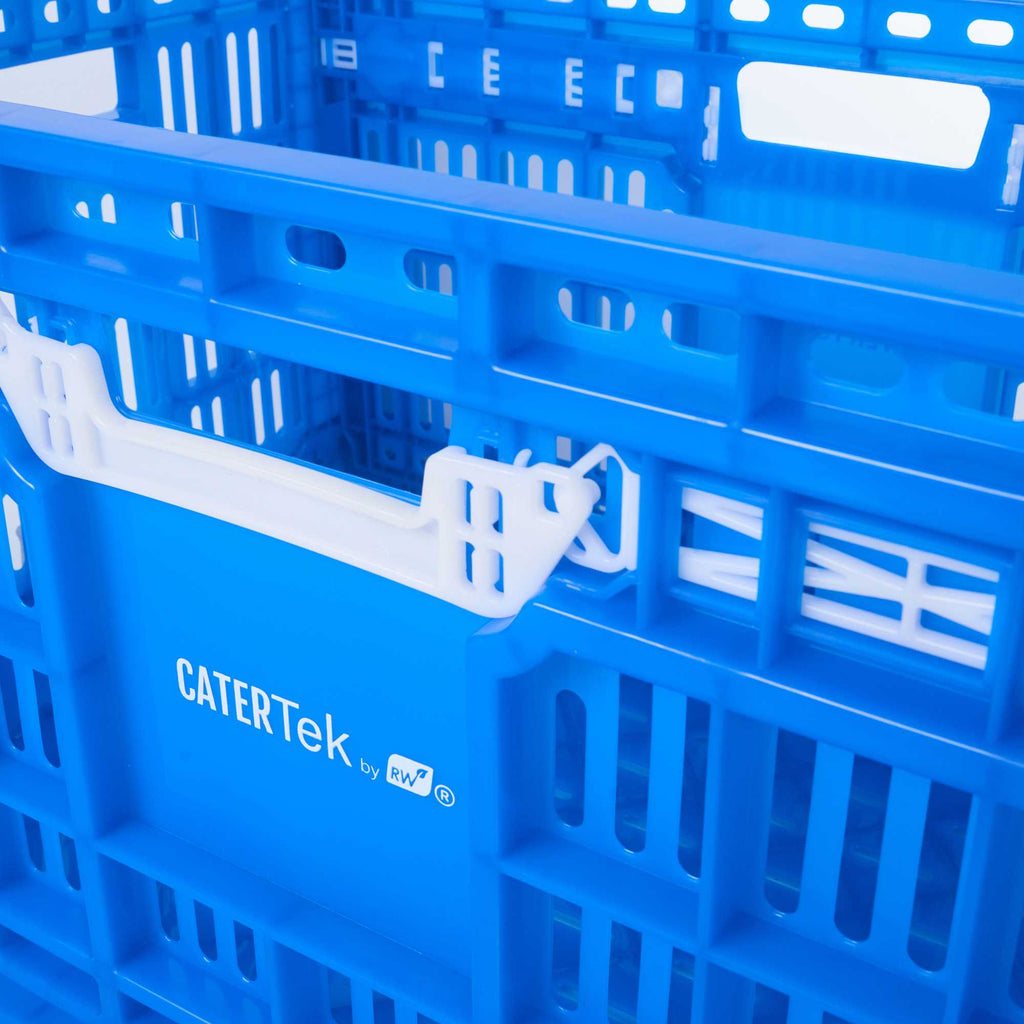 Cater Tek Rectangle Blue Plastic Collapsible Crate - Vented, Stackable - 23 3/4" x 15 3/4" x 11 3/4" - 10 count box