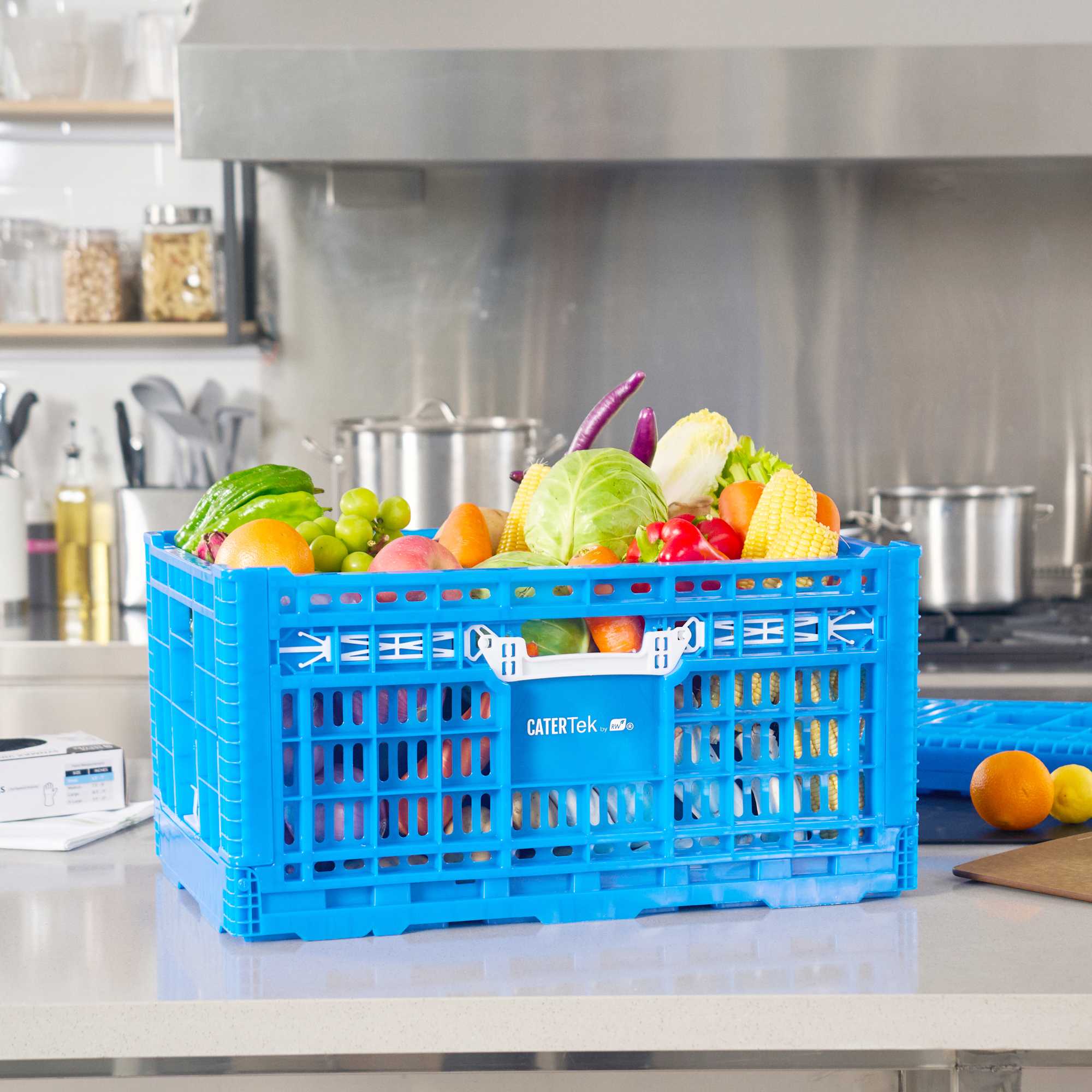 Cater Tek Rectangle Blue Plastic Collapsible Crate - Vented, Stackable - 23 3/4" x 15 3/4" x 11 3/4" - 10 count box