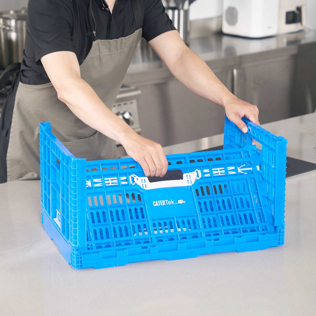 Cater Tek Rectangle Blue Plastic Collapsible Crate - Vented, Stackable - 23 3/4" x 15 3/4" x 11 3/4" - 10 count box
