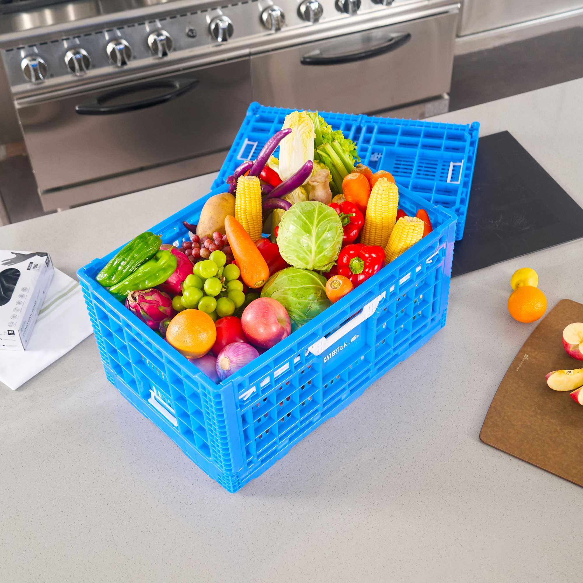 Cater Tek Rectangle Blue Plastic Collapsible Crate - Vented, Stackable - 23 3/4" x 15 3/4" x 11 3/4" - 10 count box