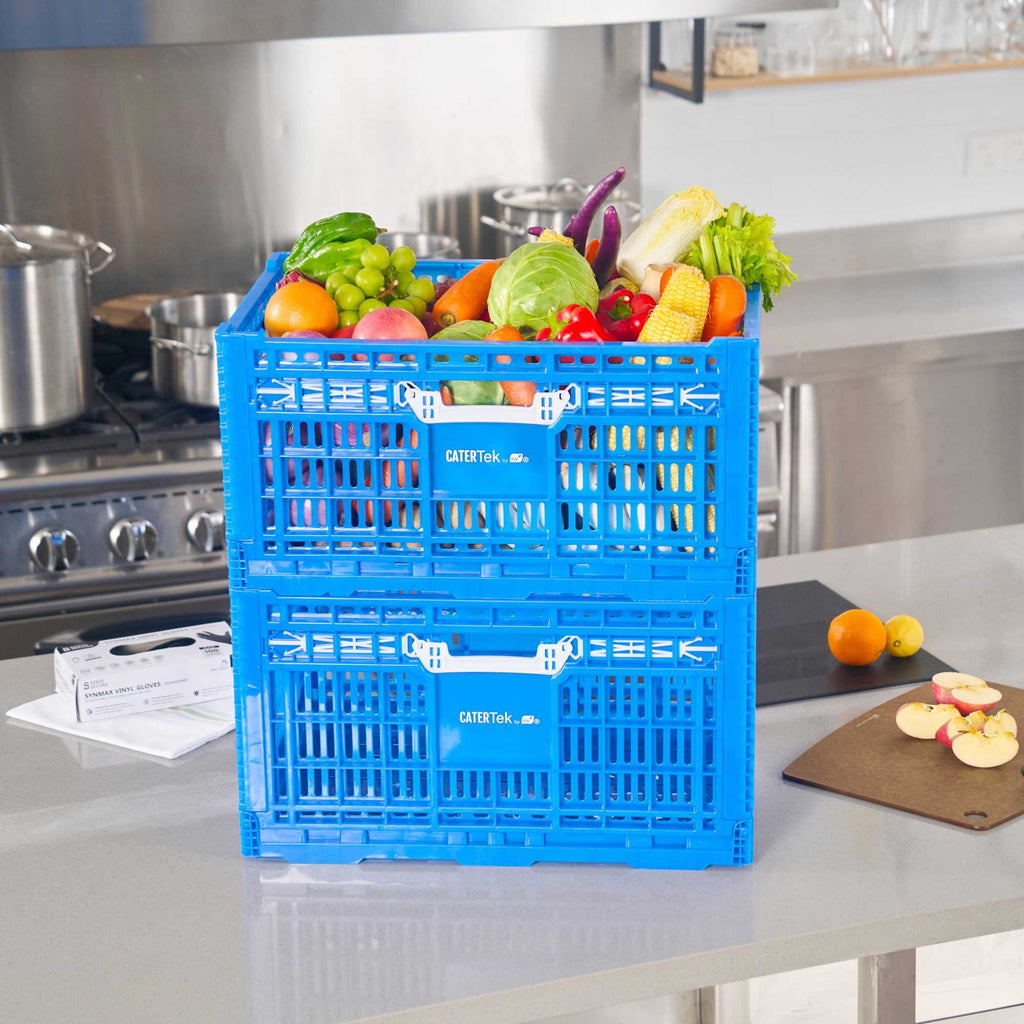 Cater Tek Rectangle Blue Plastic Collapsible Crate - Vented, Stackable - 23 3/4" x 15 3/4" x 11 3/4" - 10 count box