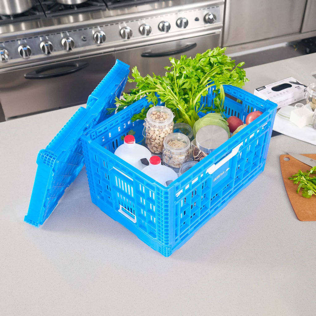 Cater Tek Rectangle Blue Plastic Collapsible Crate - Vented, Stackable - 23 3/4" x 15 3/4" x 13 1/2" - 1 count box