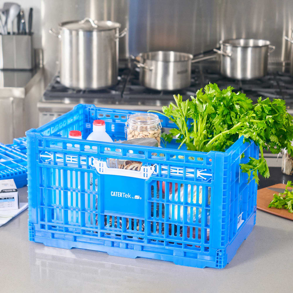 Cater Tek Rectangle Blue Plastic Collapsible Crate - Vented, Stackable - 23 3/4" x 15 3/4" x 13 1/2" - 1 count box