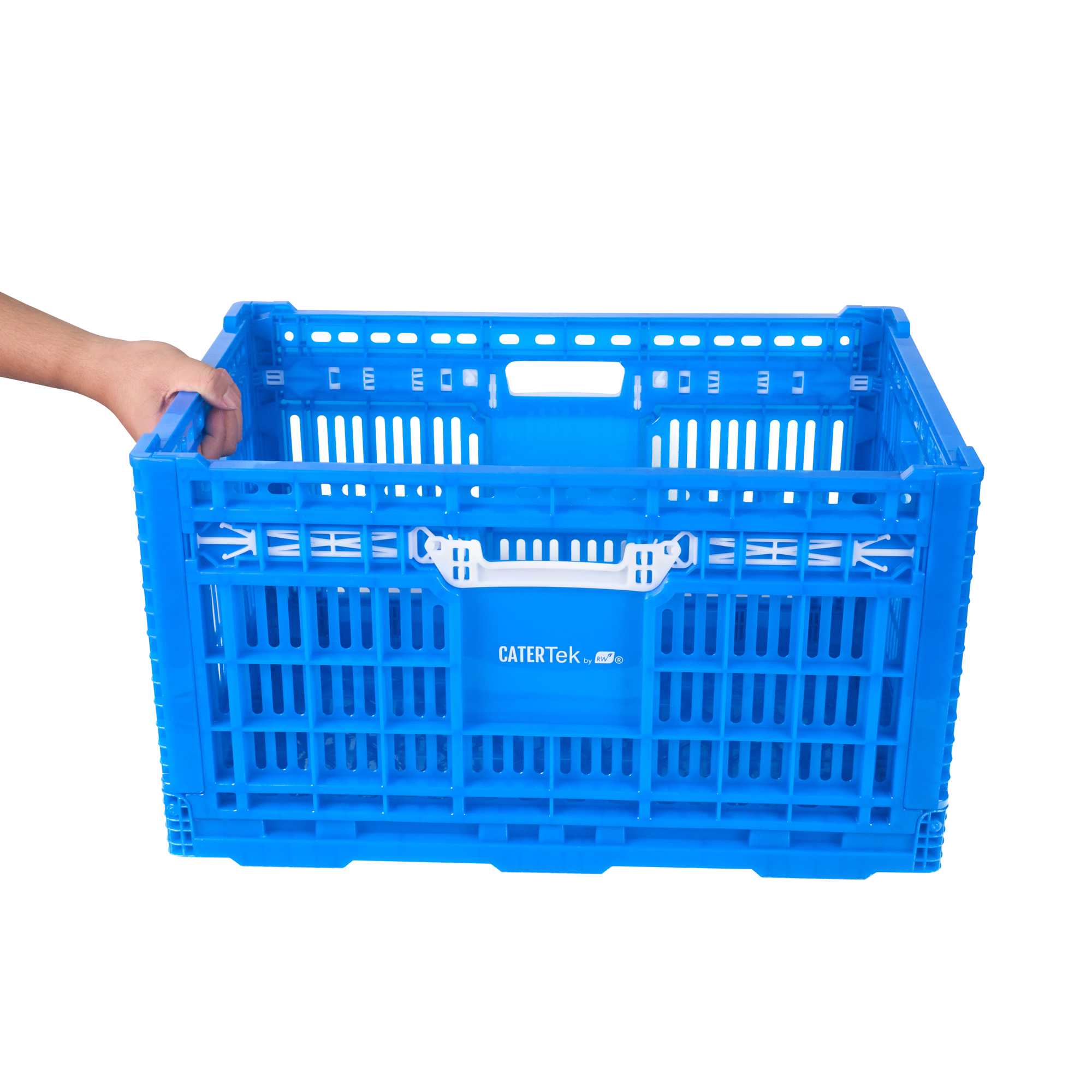 Cater Tek Rectangle Blue Plastic Collapsible Crate - Vented, Stackable - 23 3/4" x 15 3/4" x 13 1/2" - 10 count box