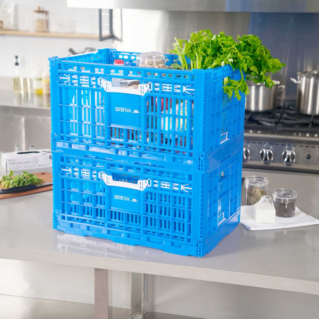 Cater Tek Rectangle Blue Plastic Collapsible Crate - Vented, Stackable - 23 3/4" x 15 3/4" x 13 1/2" - 10 count box