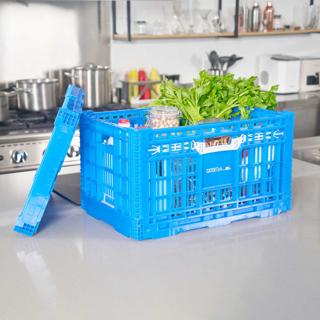 Cater Tek Rectangle Blue Plastic Collapsible Crate - Vented, Stackable - 23 3/4" x 15 3/4" x 13 1/2" - 10 count box