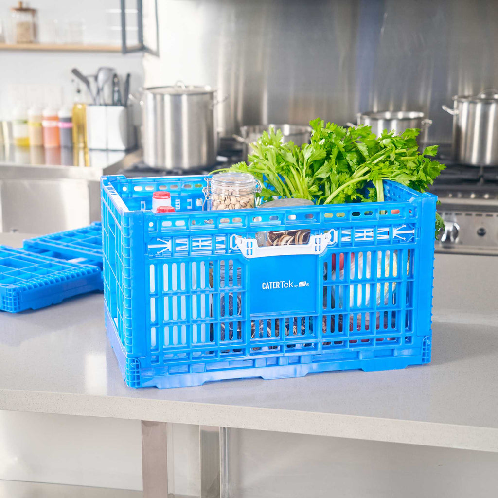 Cater Tek Rectangle Blue Plastic Collapsible Crate - Vented, Stackable - 23 3/4" x 15 3/4" x 13 1/2" - 10 count box