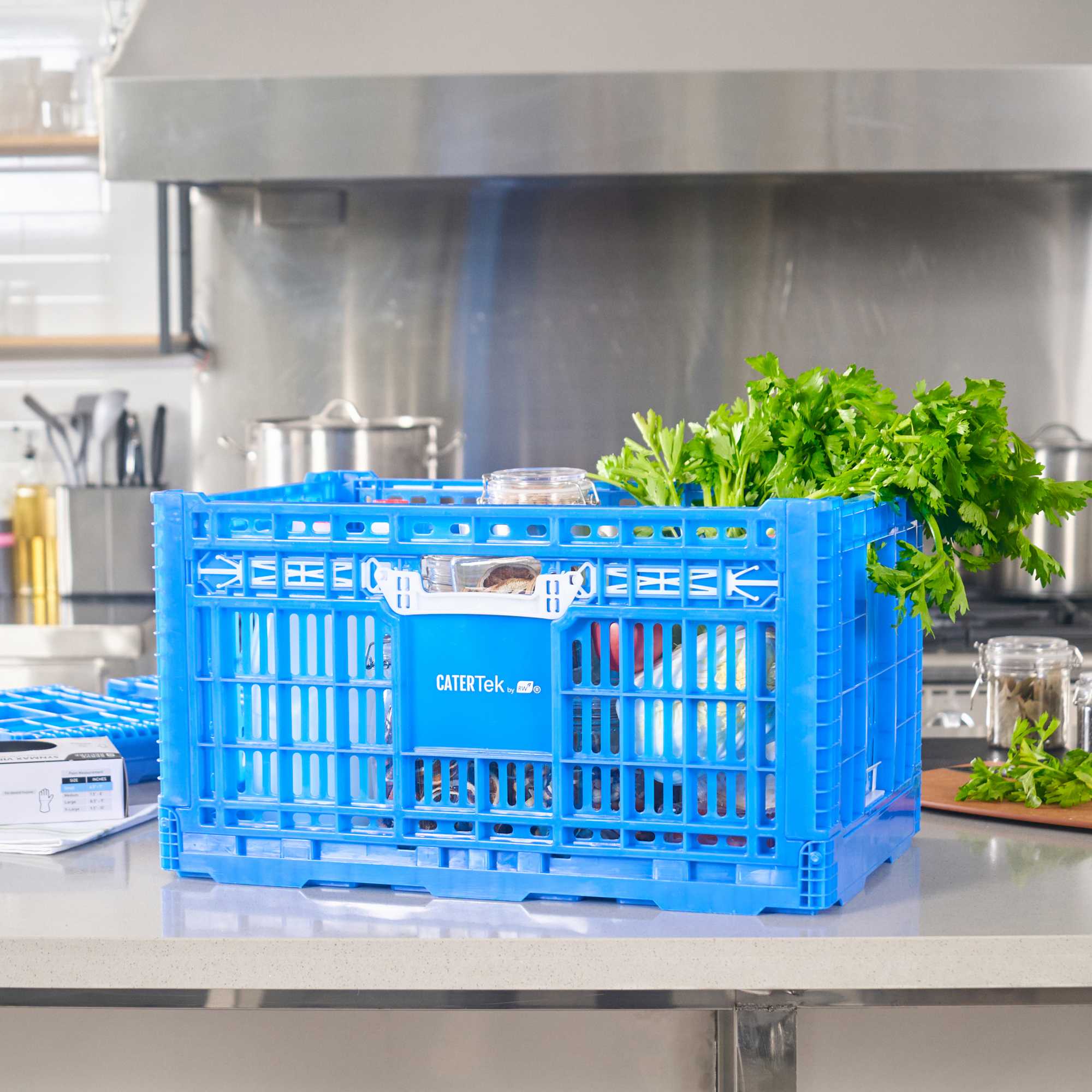 Cater Tek Rectangle Blue Plastic Collapsible Crate - Vented, Stackable - 23 3/4" x 15 3/4" x 13 1/2" - 10 count box