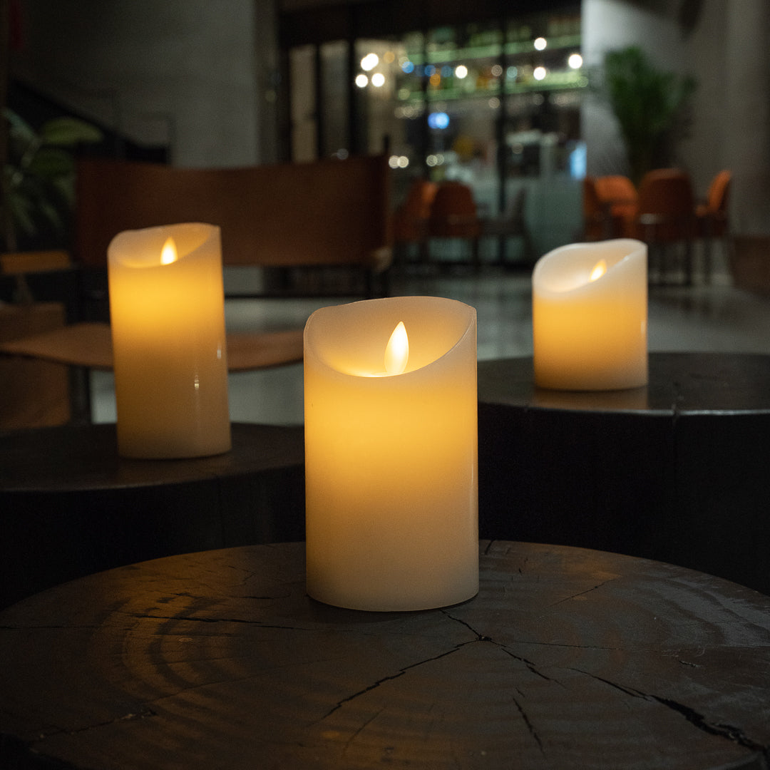 Fire Tek White Plastic Flameless Pillar Candle - Real Wax, Programmable - 3" x 3" x 5" - 10 count box