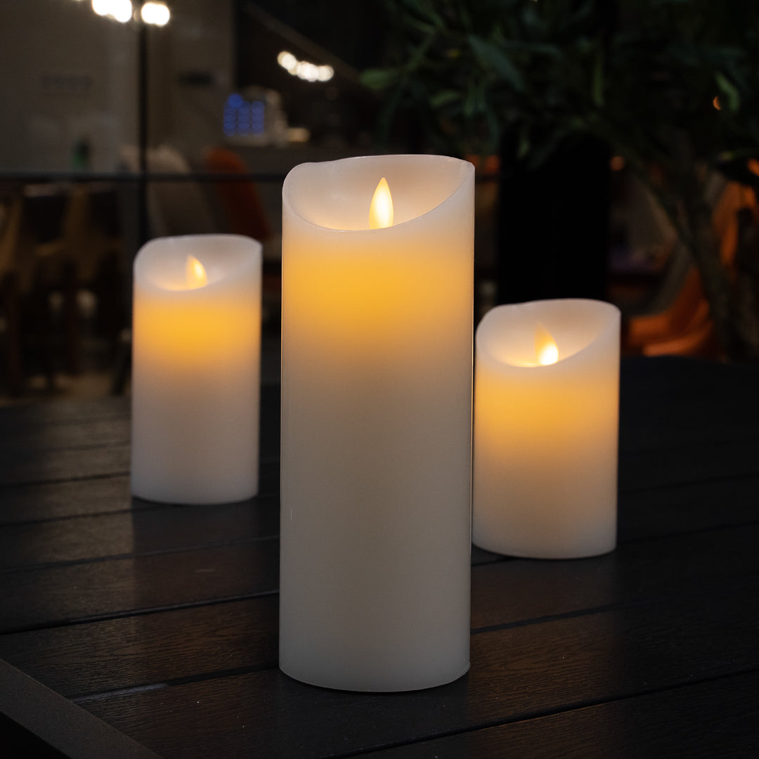 Fire Tek White Plastic Flameless Pillar Candle - Real Wax, Programmable - 3" x 3" x 8" - 10 count box