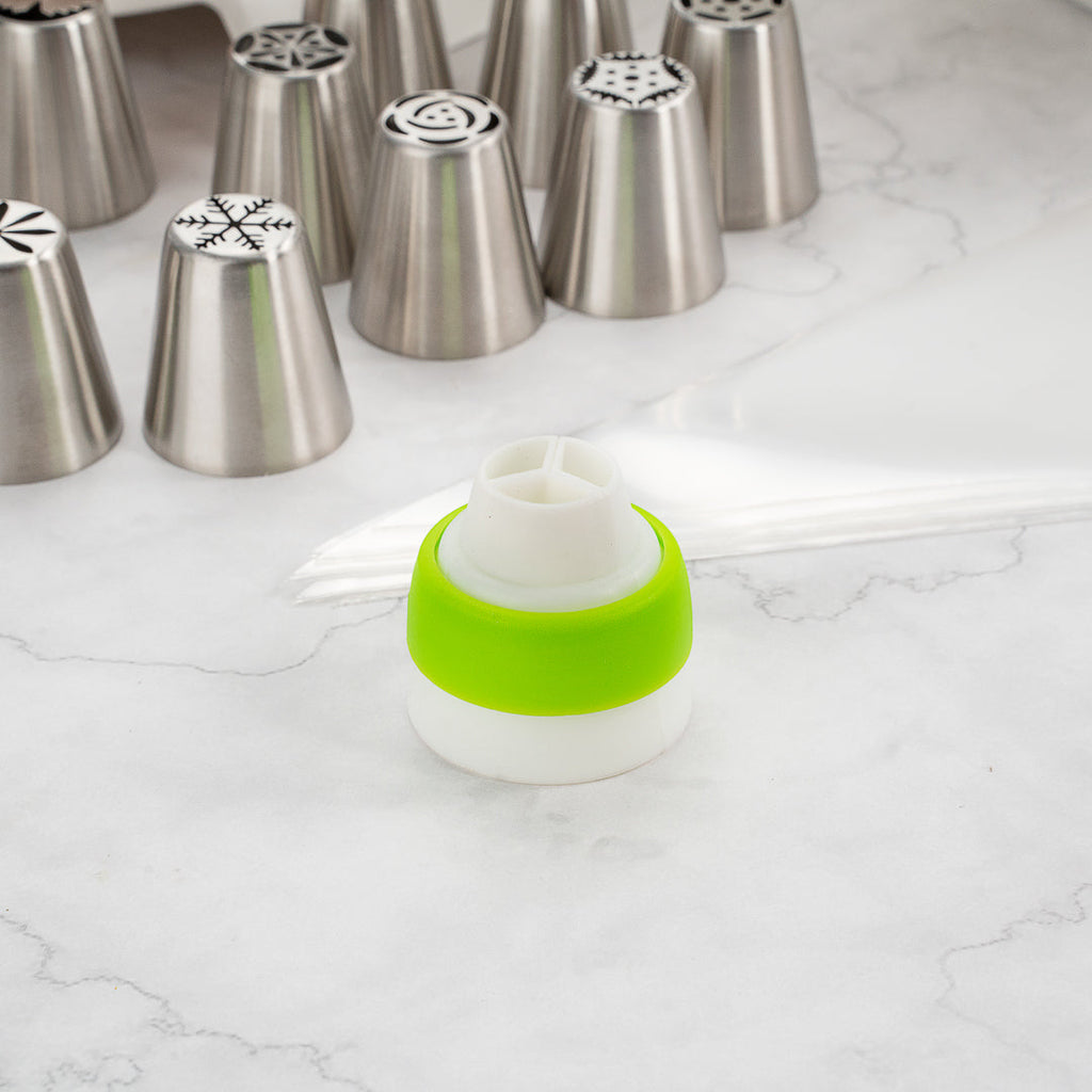 Pastry Tek Round White Plastic Tri-Color Russian Piping Tip Coupler - 1 count box