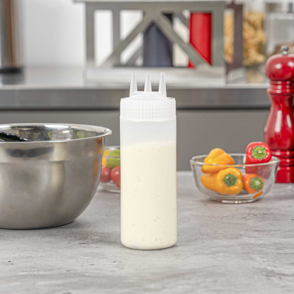 Sauce Tek 12 oz Clear Plastic All-Purpose Squeeze Bottle - with Triple Dispersion Tip - 6 count box