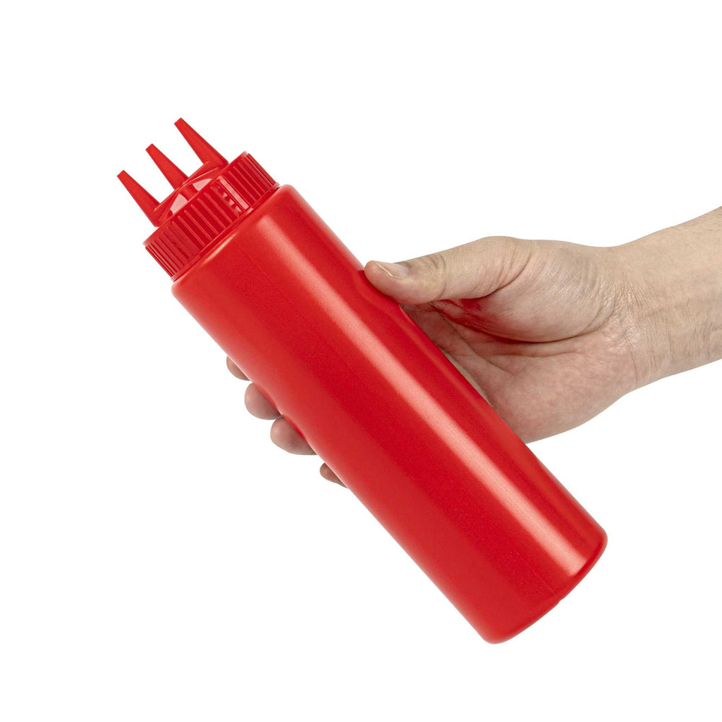 Sauce Tek 24 oz Red Plastic Ketchup Squeeze Bottle - with Triple Dispersion Tip - 6 count box
