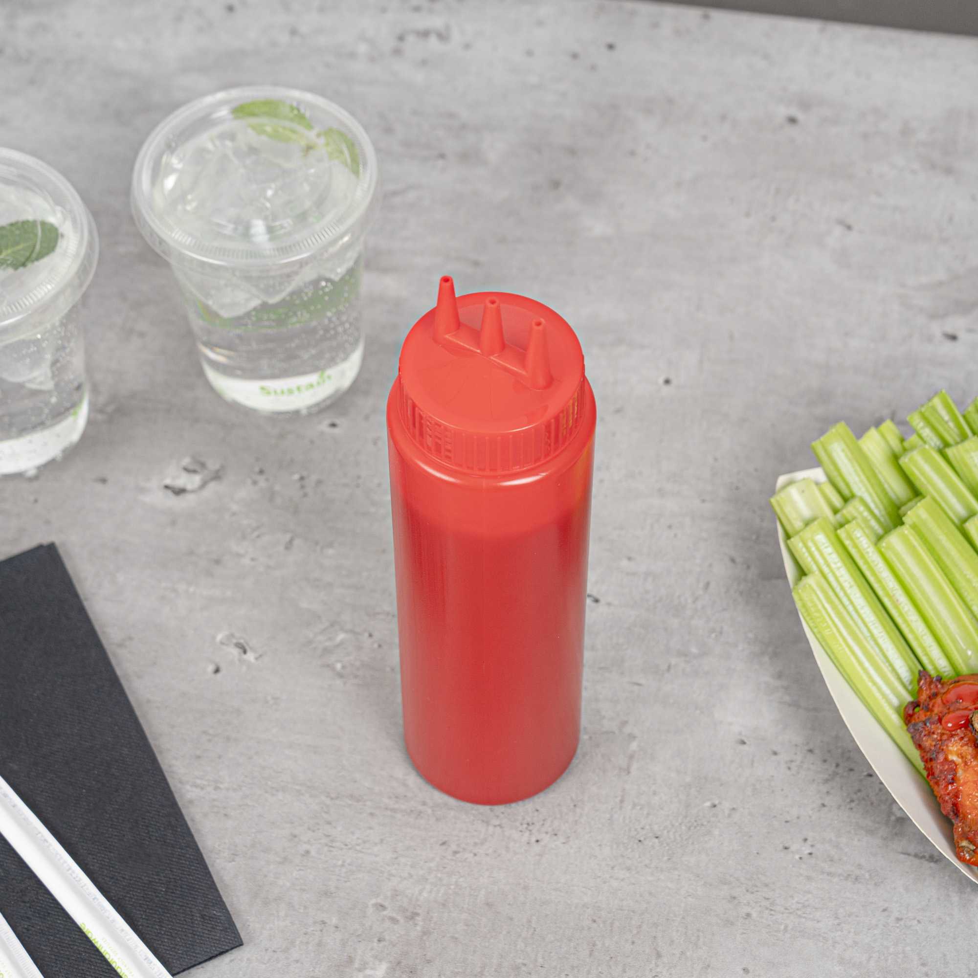 Sauce Tek 24 oz Red Plastic Ketchup Squeeze Bottle - with Triple Dispersion Tip - 6 count box