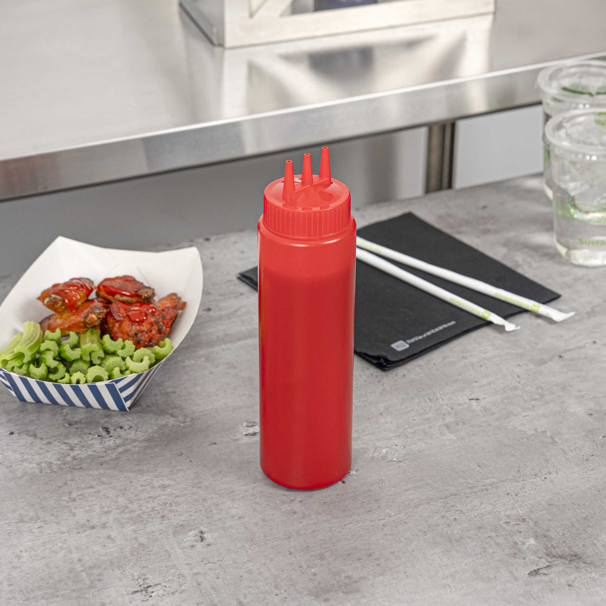 Sauce Tek 24 oz Red Plastic Ketchup Squeeze Bottle - with Triple Dispersion Tip - 6 count box