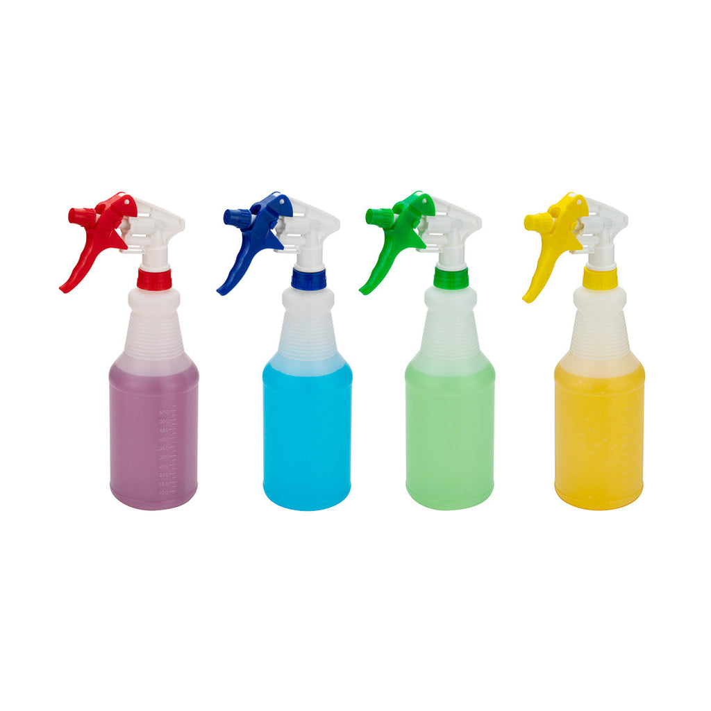 RW Clean Assorted 25 oz Plastic Spray Bottle Set - Includes 4 Bottles, Adjustable Nozzle - 4 count box
