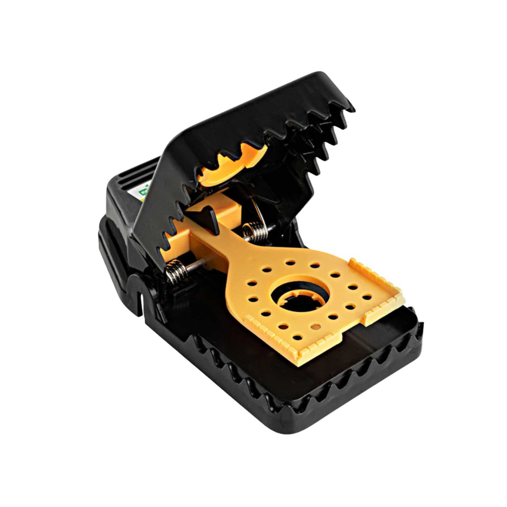 Pest Tek Black Plastic Mouse Trap - Interlocking Teeth, Bait Cap, Reusable - 6" x 3" x 2 3/4" - 6 count box