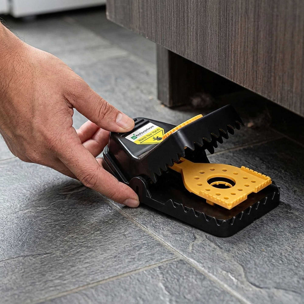 Pest Tek Black Plastic Mouse Trap - Interlocking Teeth, Bait Cap, Reusable - 6" x 3" x 2 3/4" - 2 count box
