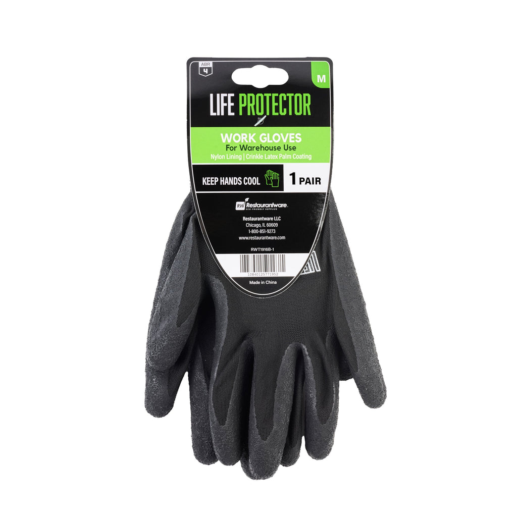 Life Protector Black Nylon Medium Work Gloves - with Crinkle Latex Palm Coating - Pair - 10 count box