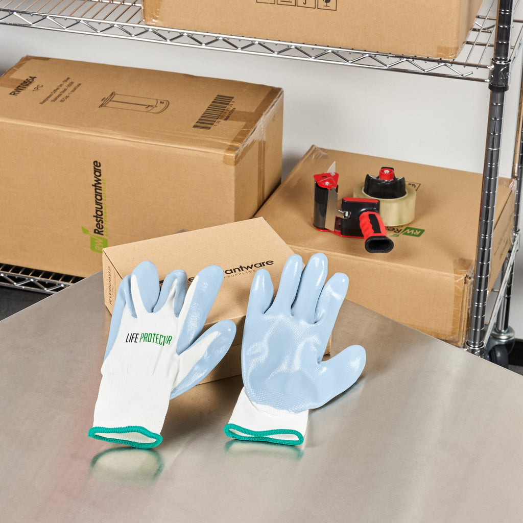 Life Protector White Nylon Medium Work Gloves - with Flat Nitrile Palm Coating - Pair - 10 count box