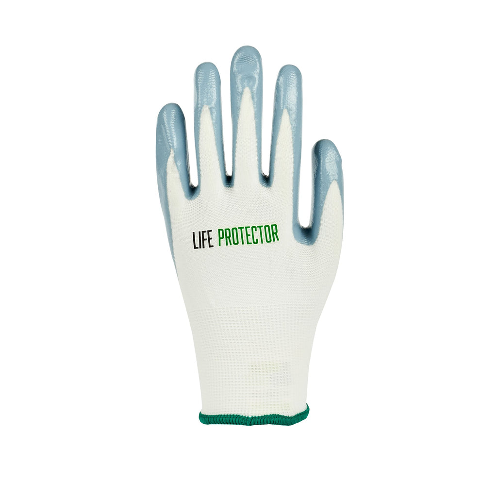 Life Protector White Nylon Medium Work Gloves - with Flat Nitrile Palm Coating - Pair - 10 count box