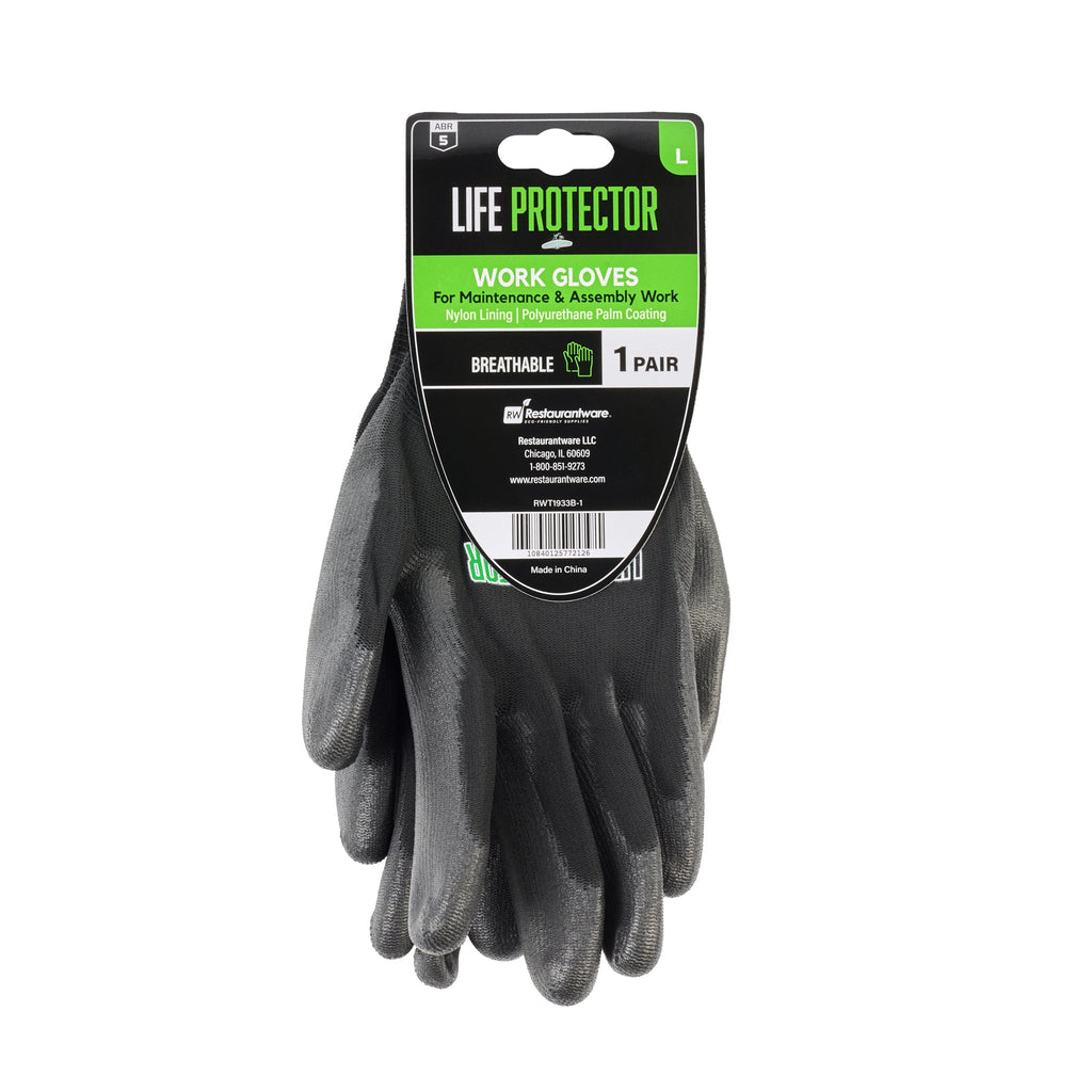 Life Protector Black Nylon Large Work Gloves - with Polyurethane Palm Coating - Pair - 10 count box