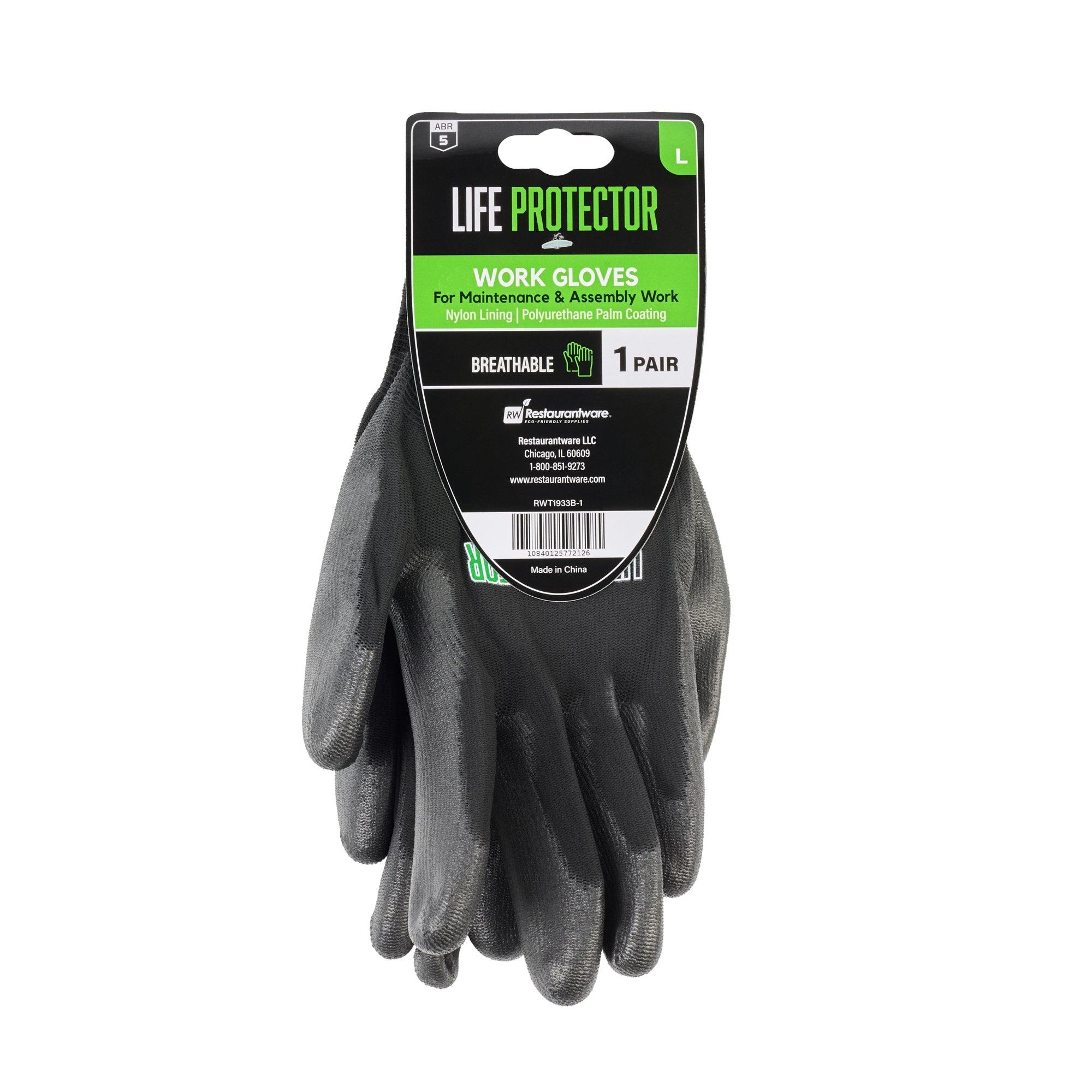 Life Protector Black Nylon Large Work Gloves - with Polyurethane Palm Coating - Pair - 10 count box