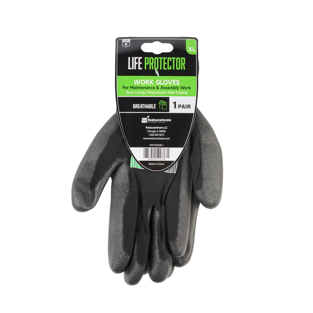 Life Protector Black Nylon Extra Large Work Gloves - with Polyurethane Palm Coating - Pair - 10 count box