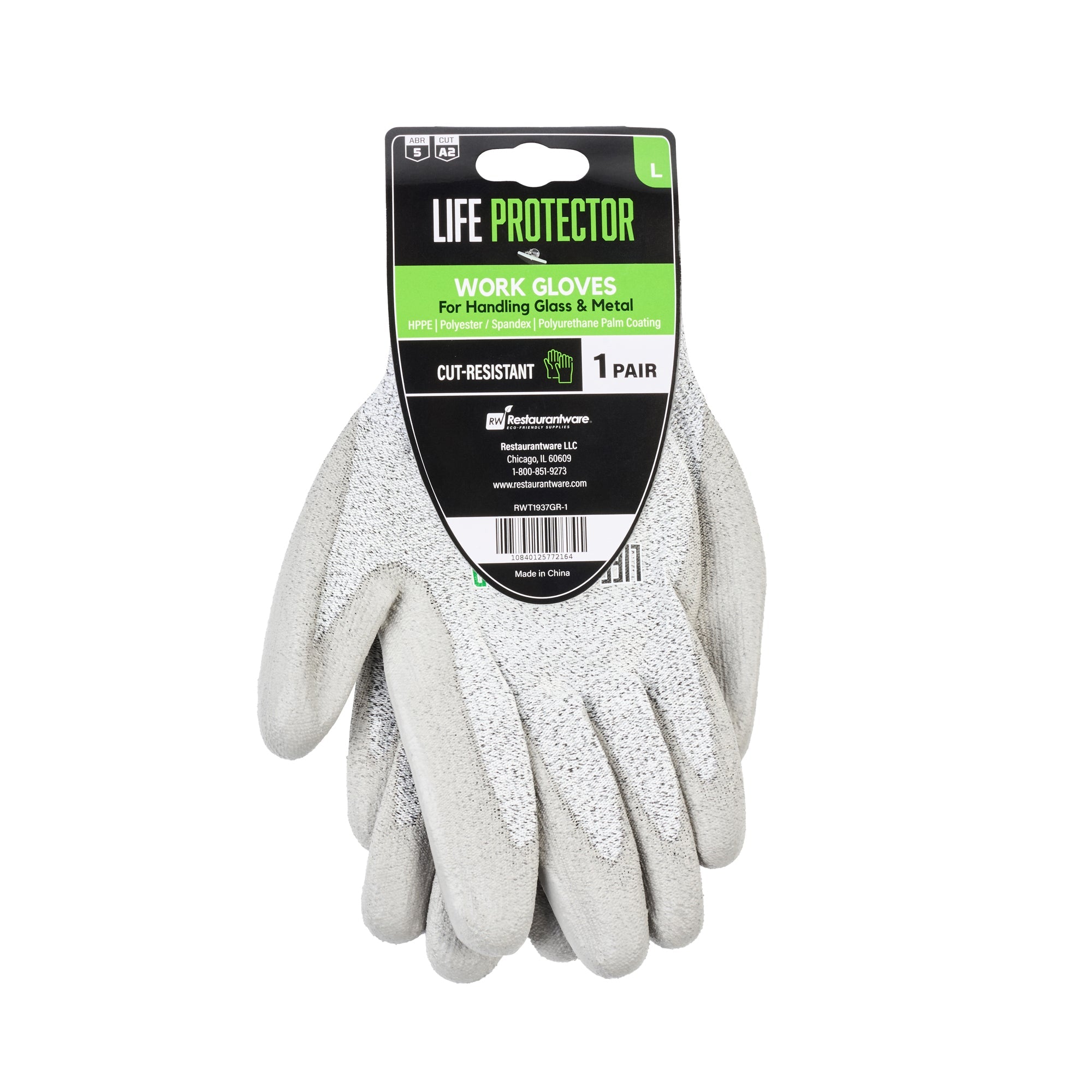Life Protector Gray HPPE Polyester / Spandex Large Work Gloves - with Polyurethane Palm Coating, Cut-Resistant - Pair - 10 count box