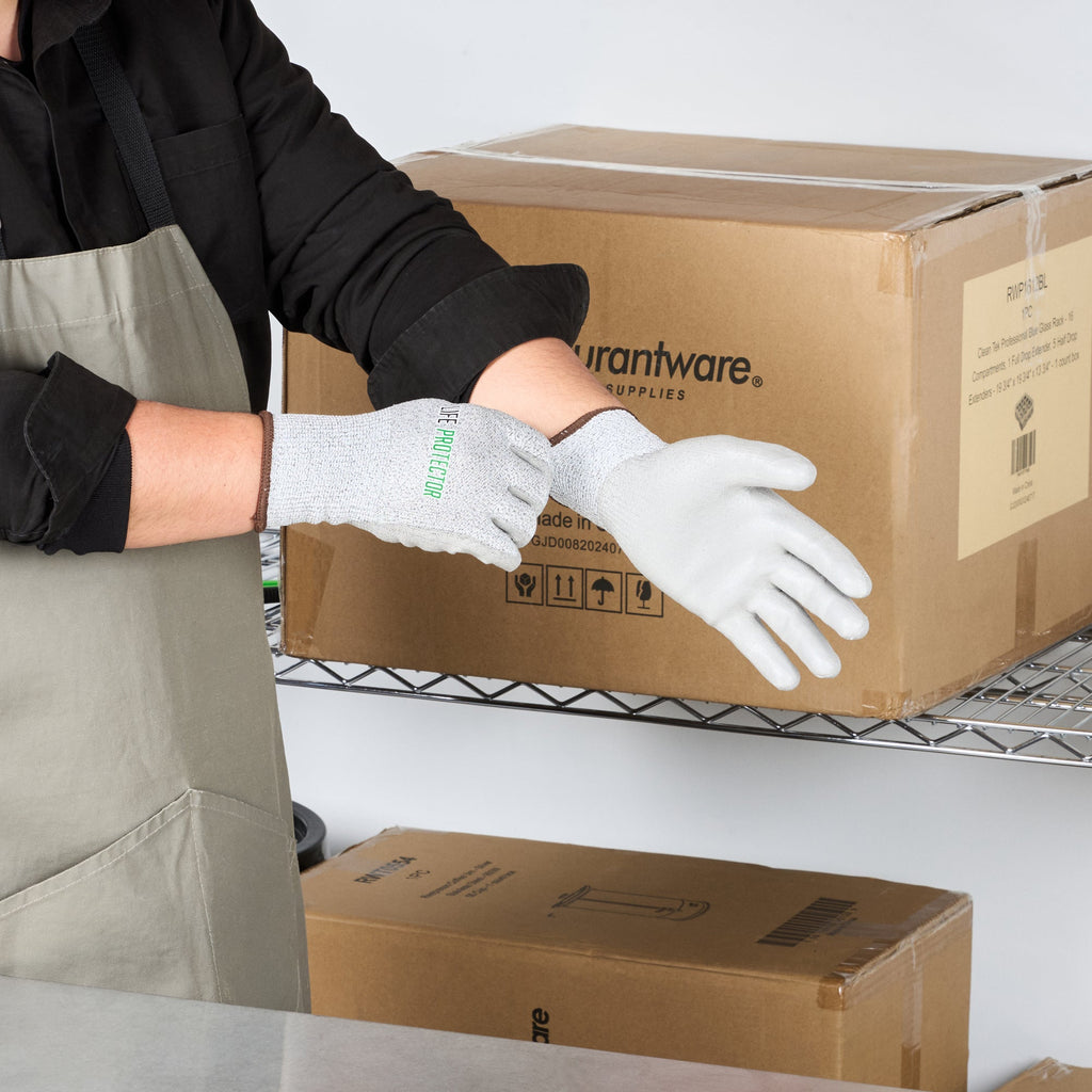 Life Protector Gray HPPE Polyester / Spandex Large Work Gloves - with Polyurethane Palm Coating, Cut-Resistant - Pair - 10 count box