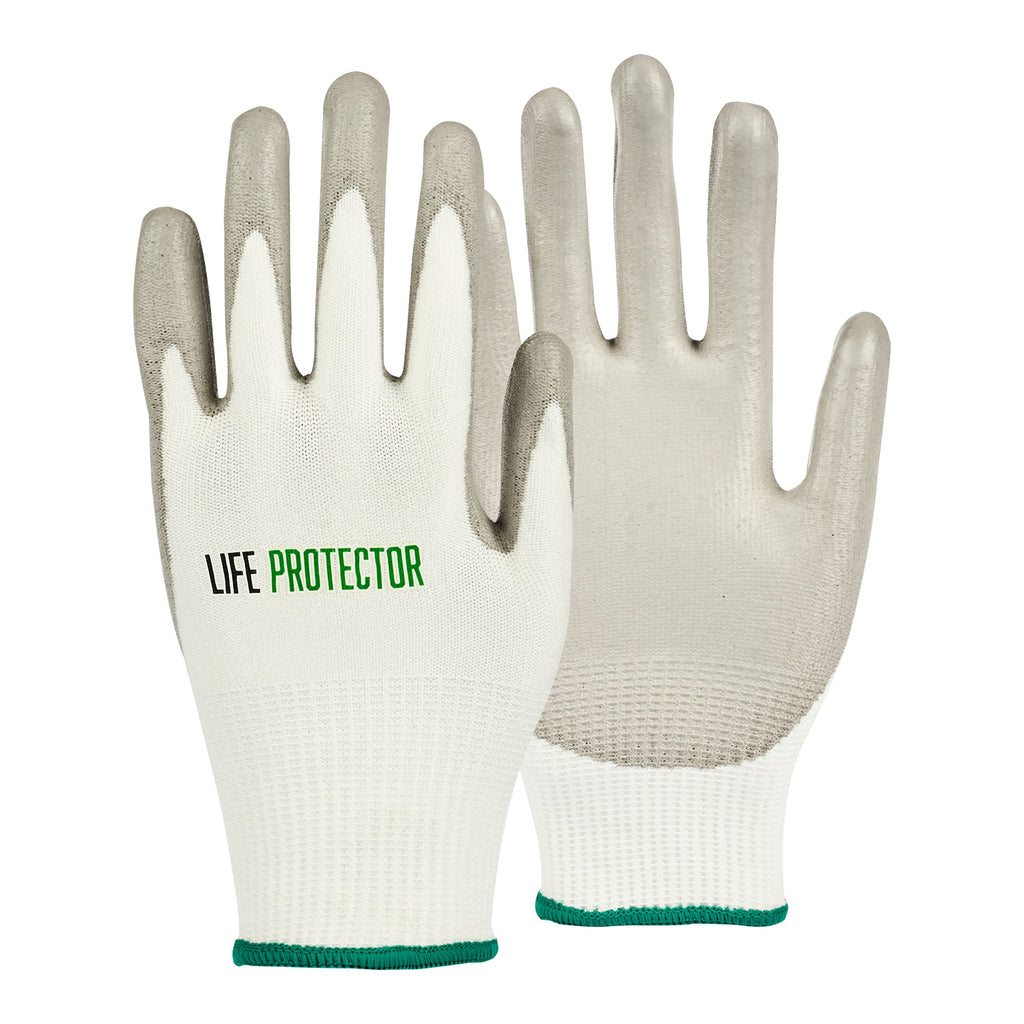 Life Protector White HPPE Polyester / Spandex Small Work Gloves - with Polyurethane Palm Coating, Cut-Resistant - Pair - 10 count box