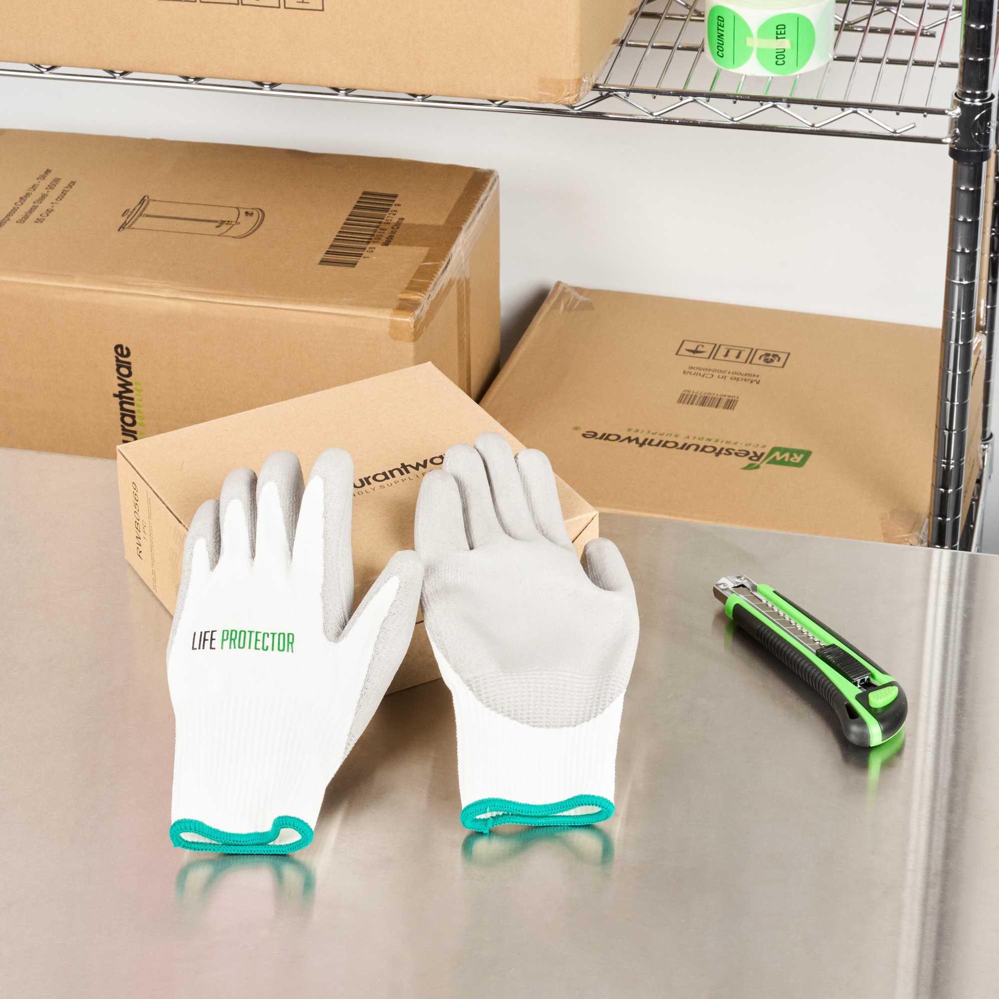 Life Protector White HPPE Polyester / Spandex Medium Work Gloves - with Polyurethane Palm Coating, Cut-Resistant - Pair - 1 count box