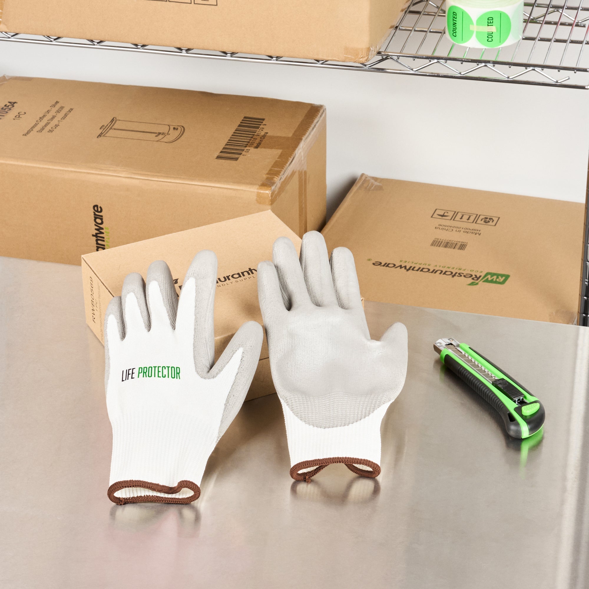 Life Protector White HPPE Polyester / Spandex Large Work Gloves - with Polyurethane Palm Coating, Cut-Resistant - Pair - 10 count box