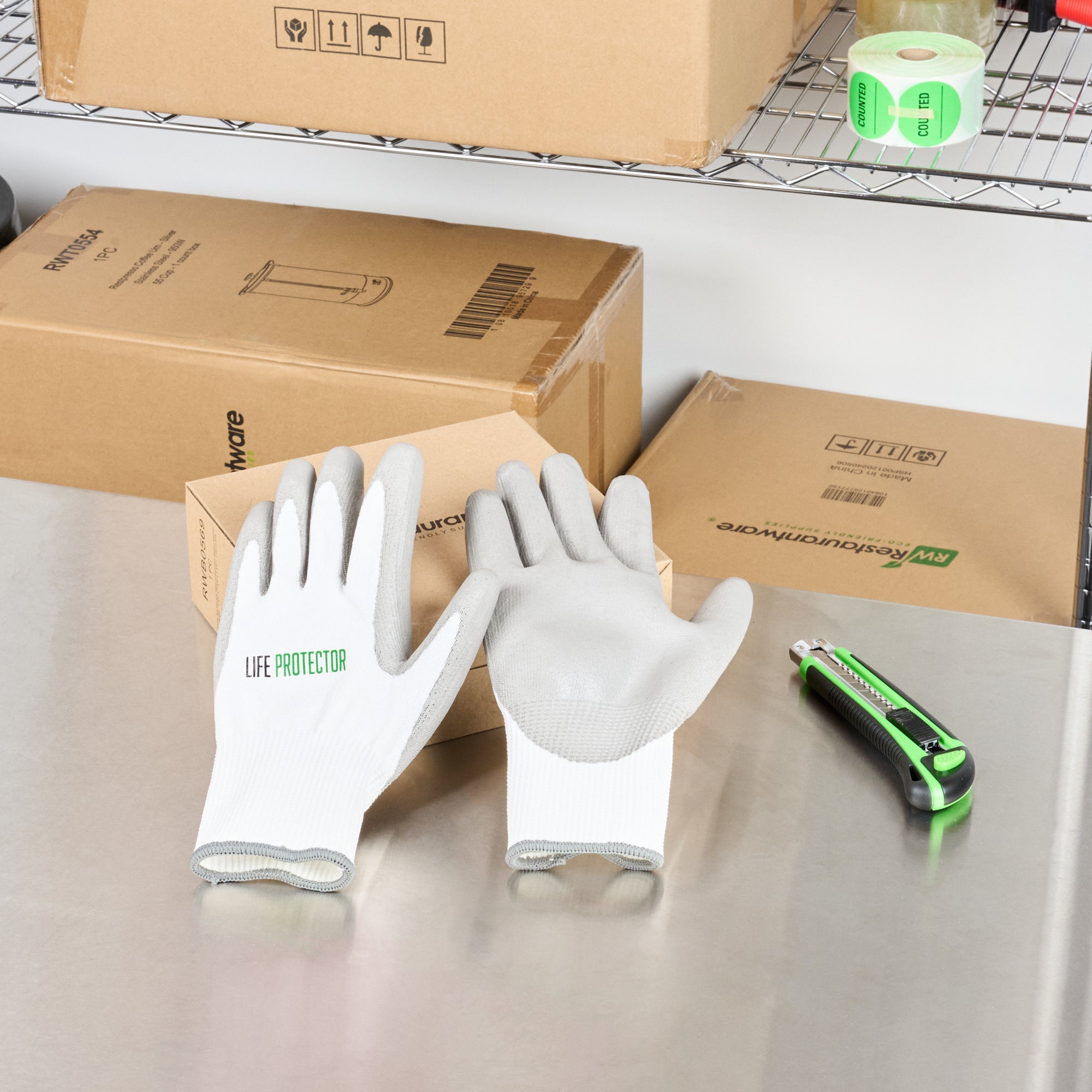 Life Protector White HPPE Polyester / Spandex Extra Large Work Gloves - with Polyurethane Palm Coating, Cut-Resistant - Pair - 10 count box