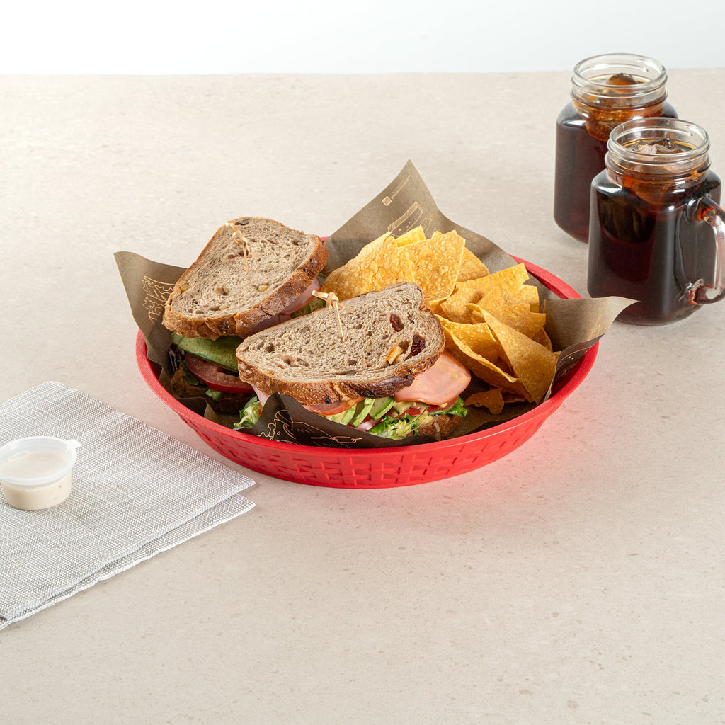 Chef 101 Round Red Plastic Diner Platter - 12" x 12" x 1 3/4" - 100 count box