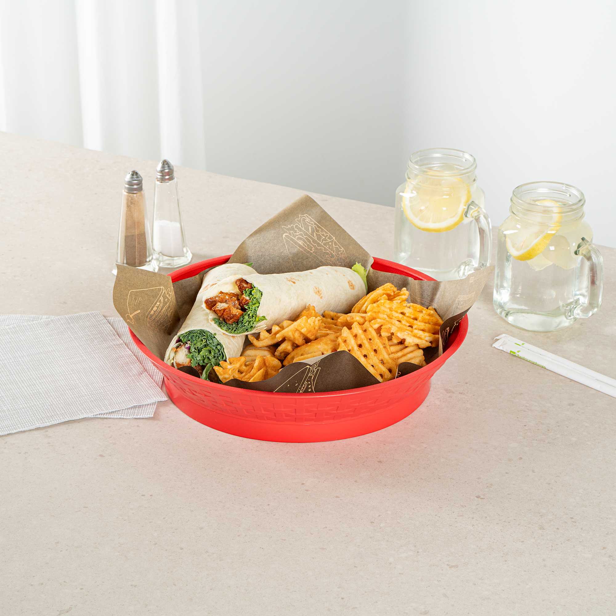 Chef 101 Round Red Plastic Diner Platter - with Base - 12" x 12" x 2 1/4" - 10 count box