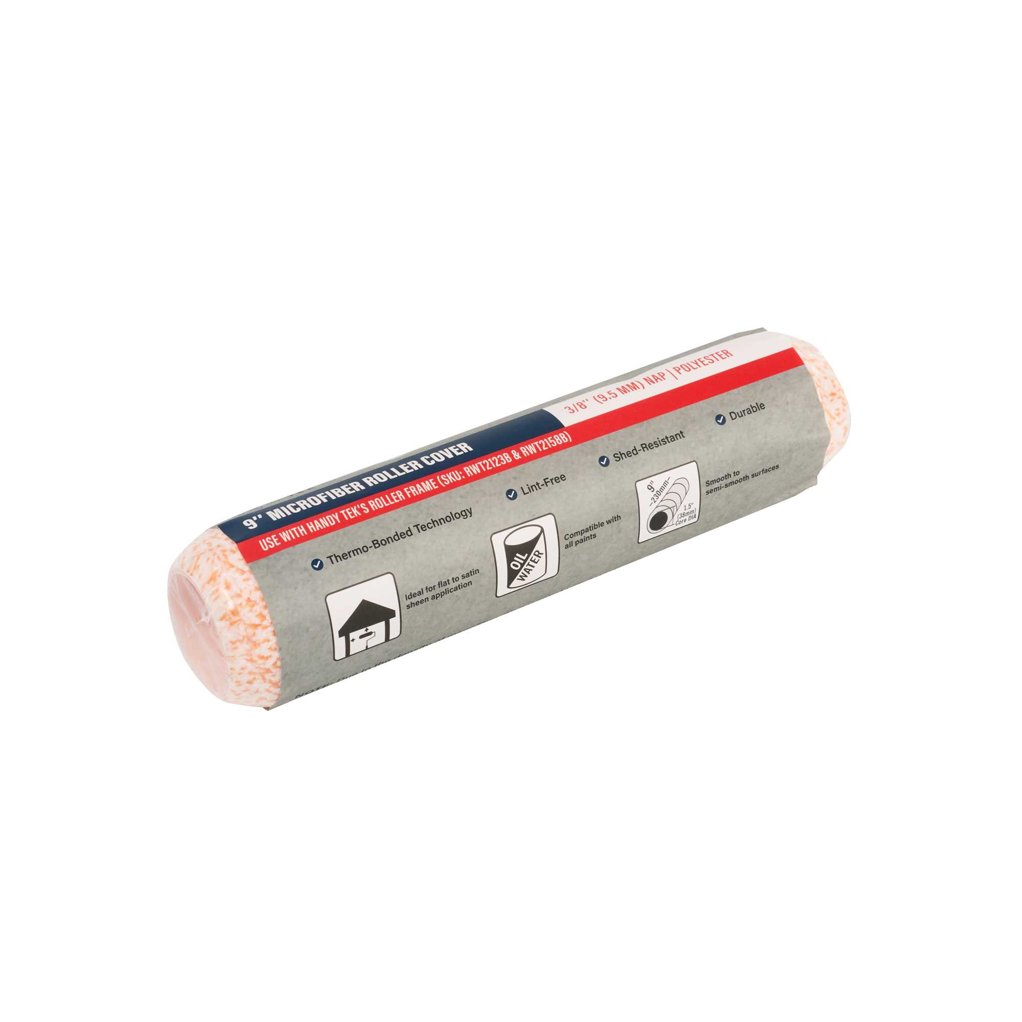 Handy Tek Microfiber Roller Cover - Shed-Resistant, with 3/8" Nap - 9" - 96 count box